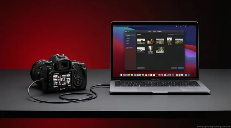 Canon EOS camera connected to MacBook via USB cable showing photo import on macOS