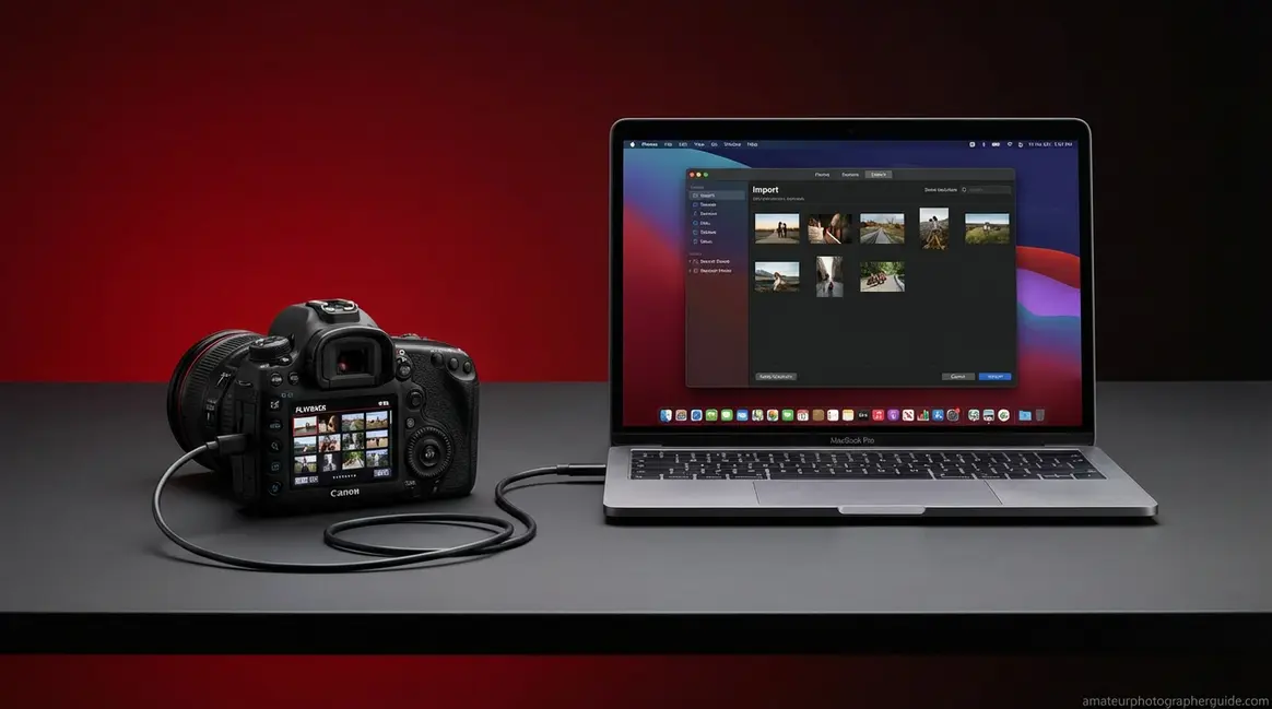 Canon EOS camera connected to MacBook via USB cable showing photo import on macOS