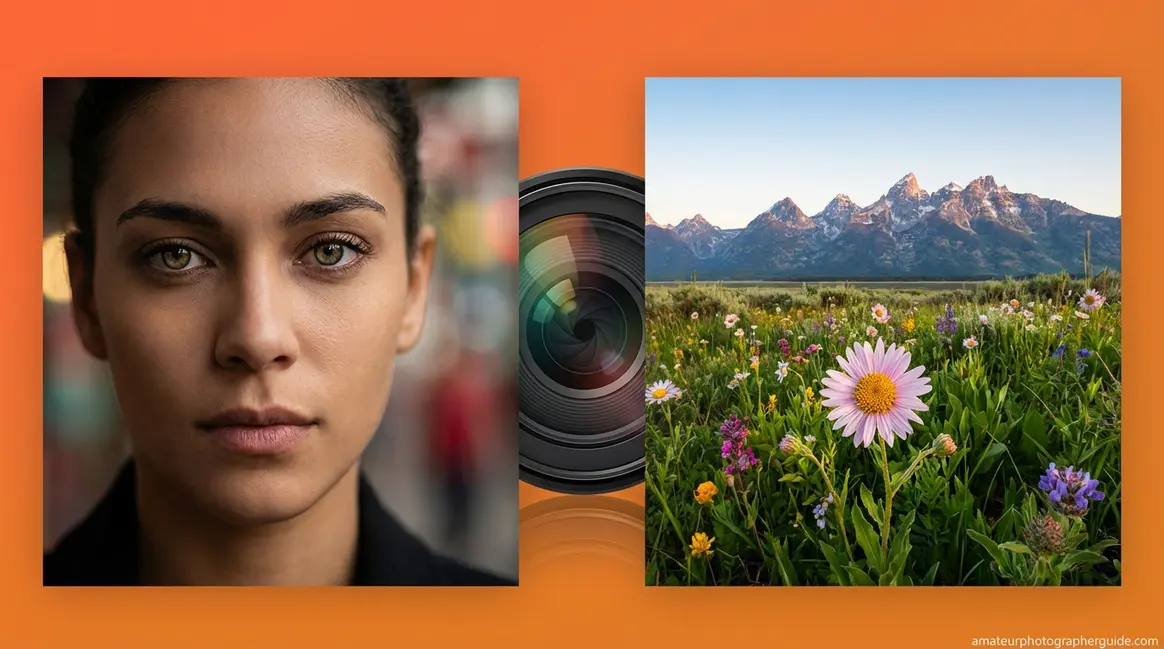 Depth of field photography comparison showing shallow blurry portrait and sharp landscape scene