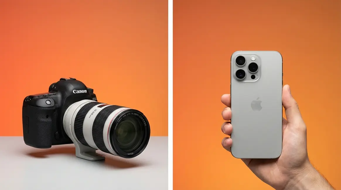 DSLR vs iPhone camera side-by-side comparison of two photography systems on studio background