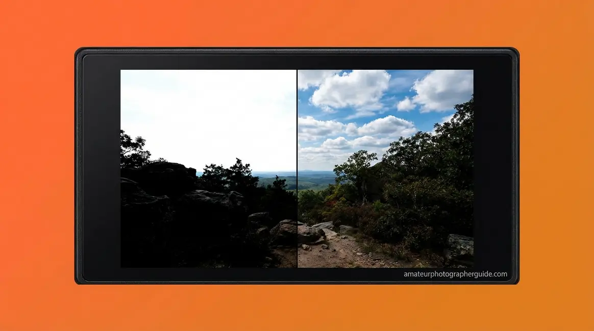 Dynamic range photography split screen showing blown highlights versus perfectly balanced exposure details