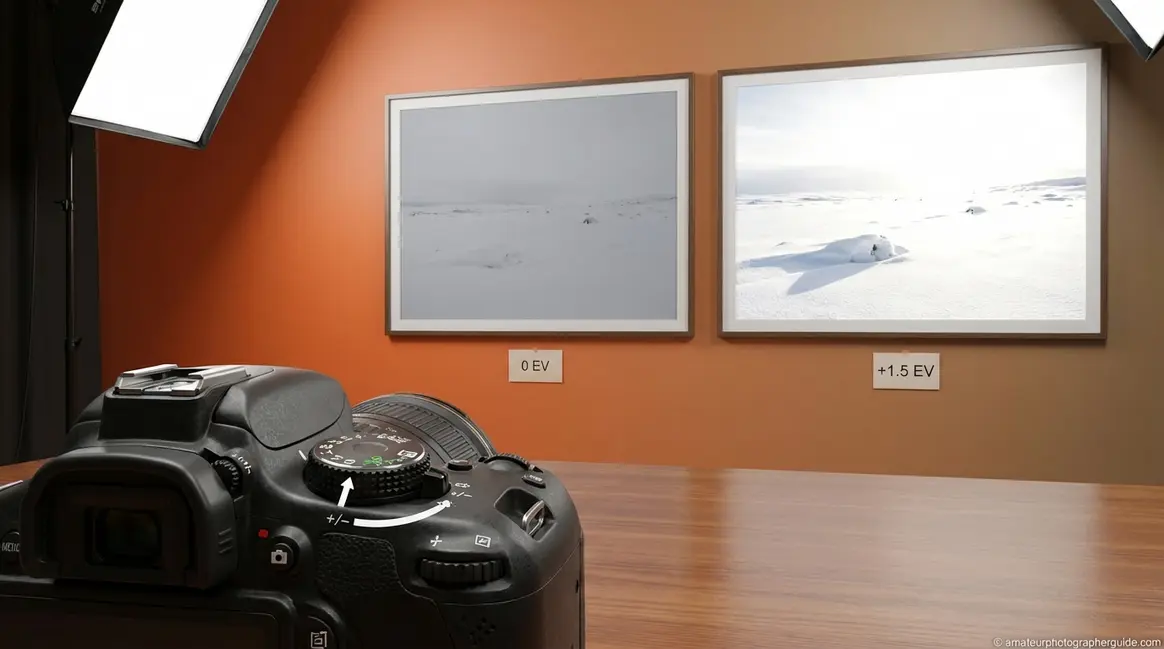 Exposure compensation explained — camera dial showing plus minus EV scale for brightness control