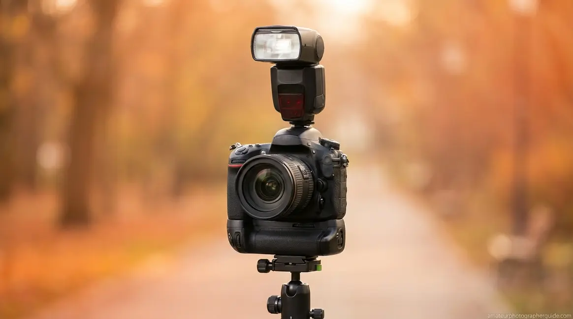 Professional camera with external speedlight mounted for outdoor fill flash photography