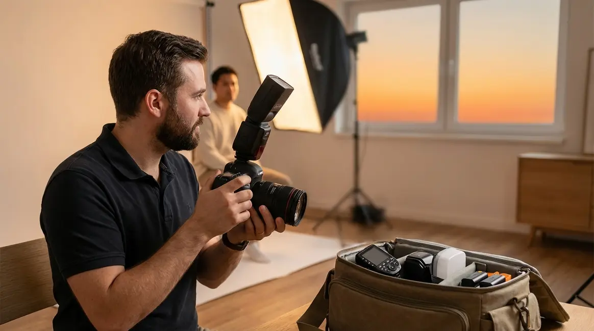 Beginner flash photography tutorial showing photographer using speedlight with bounce technique indoors