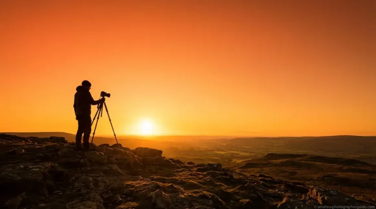 Golden hour photography silhouette of photographer on hilltop with camera at sunset