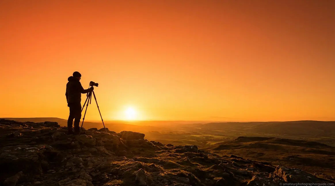 Golden hour photography silhouette of photographer on hilltop with camera at sunset