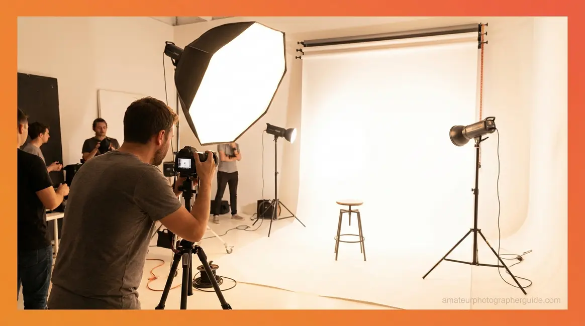 High key photography guide setup showing studio softbox lighting and white seamless backdrop
