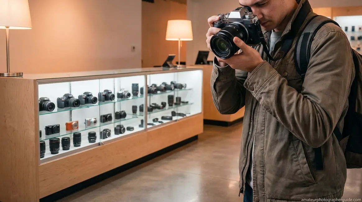 Beginner learning how to buy a digital camera in a modern camera shop