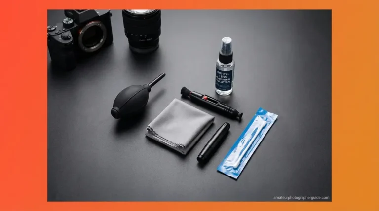 Complete camera cleaning kit showing rocket blower, microfiber cloth, lens pen, and optical solution for how to clean camera gear safely