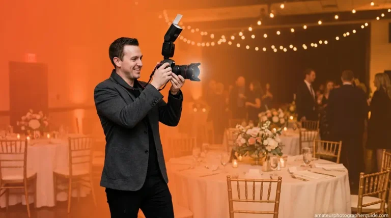 Amateur photographer using external flash to photograph an indoor event in low light