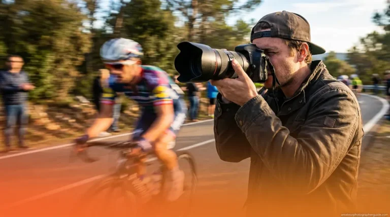 Photographer using DSLR camera to capture a fast-moving cyclist with motion blur technique