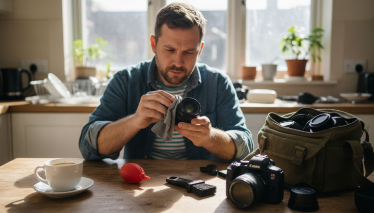 Photographer cleaning lens with cloth at table