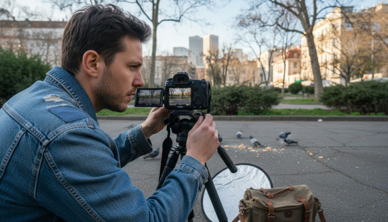 Filmmaker using camera with thirds grid outside