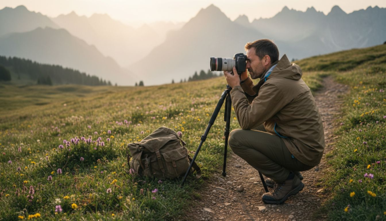 Photographer framing mountain landscape at sunrise