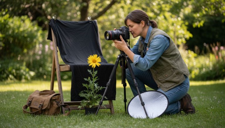 Photographer shooting close-up of yellow daisy