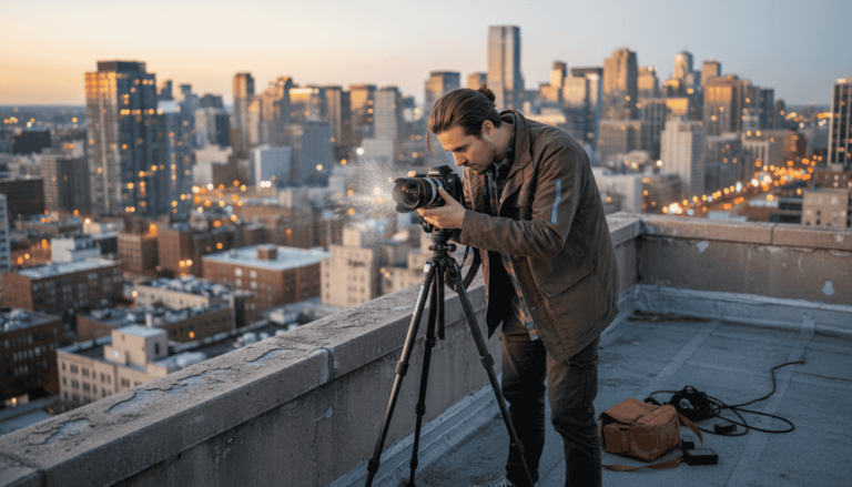 Photographer adjusting camera on city rooftop at dusk