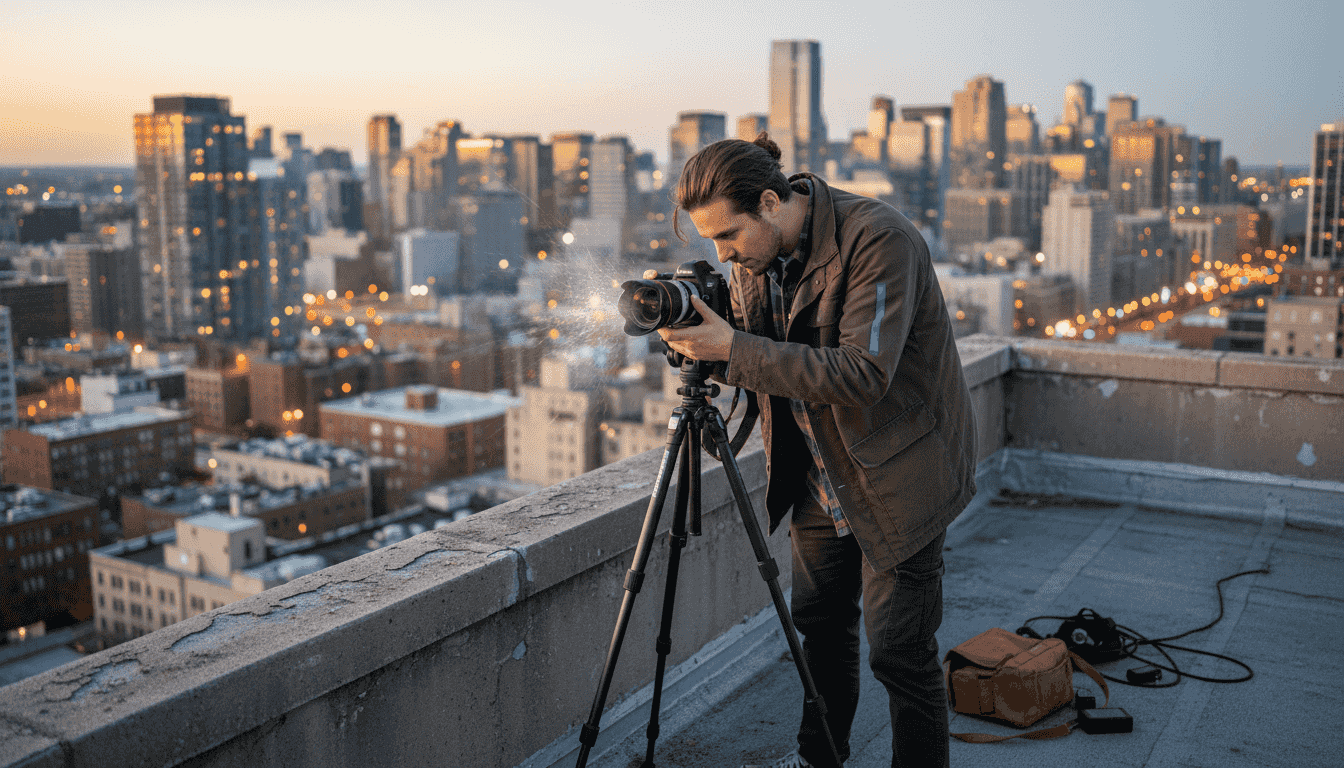 Photographer adjusting camera on city rooftop at dusk