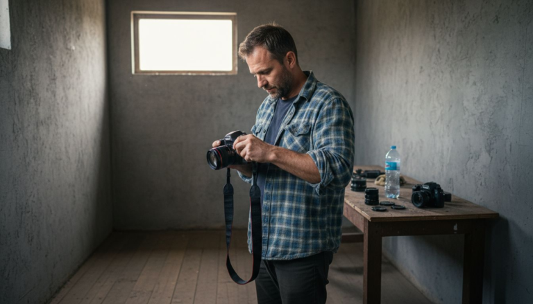 Photographer adjusting camera strap in studio