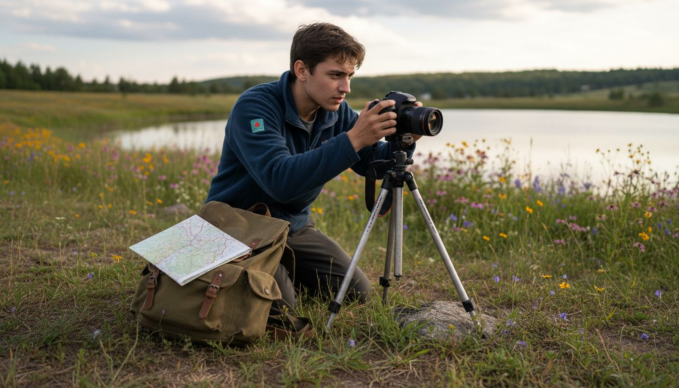 Beginner photographing landscape by lake on hillside