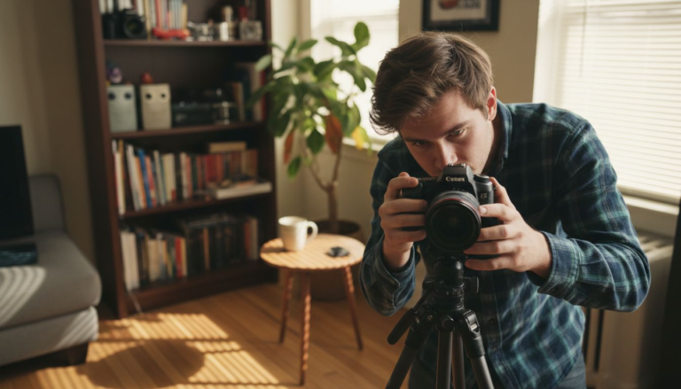 Photographer adjusting camera aperture in living room