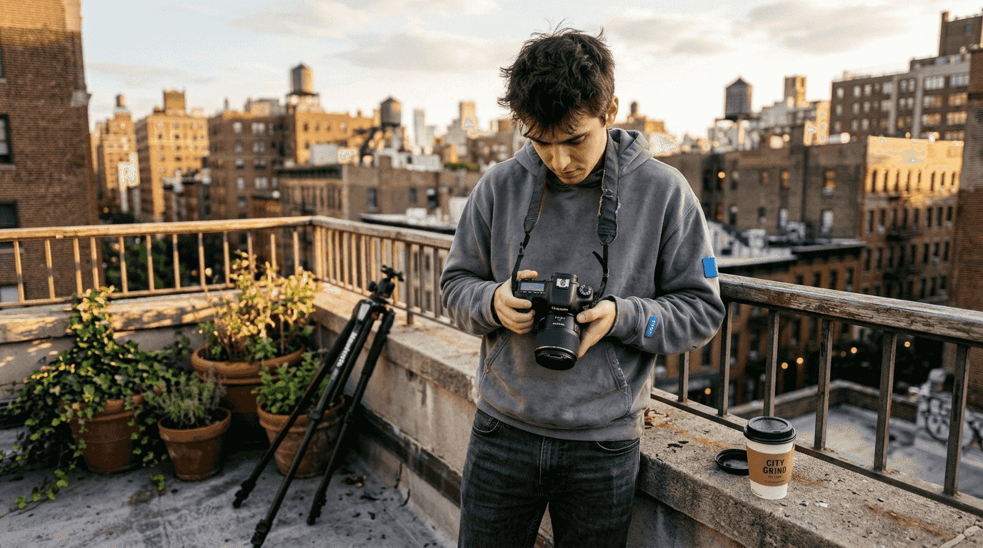 Young beginner using camera on city rooftop