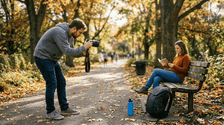 Photographer adjusting camera at park bench