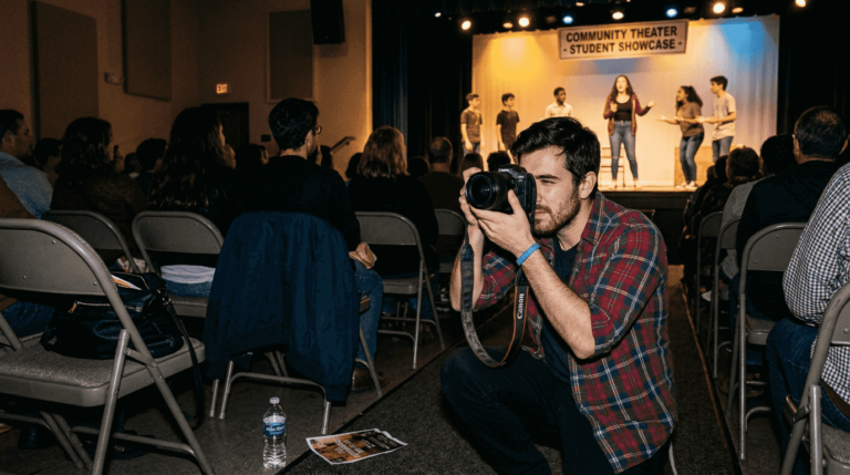 Amateur photographing lively community event stage