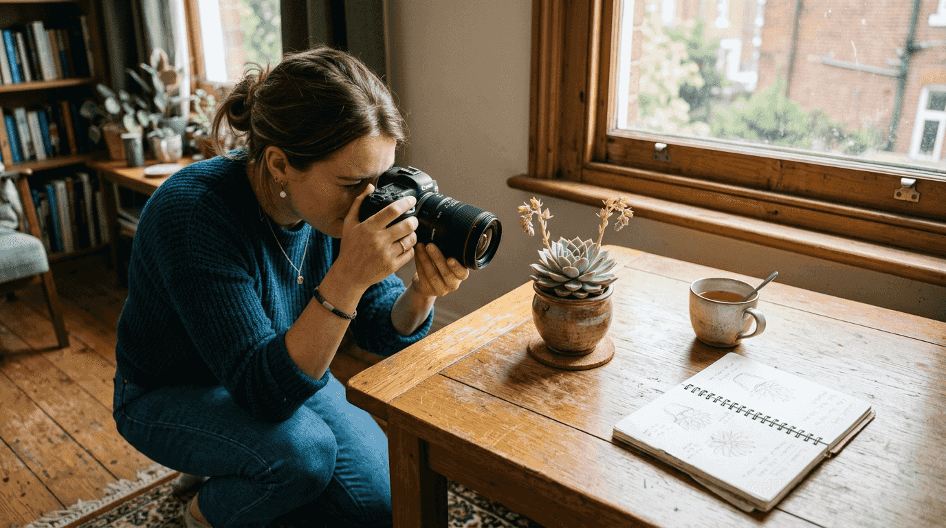 Photographer capturing close up shot at kitchen table