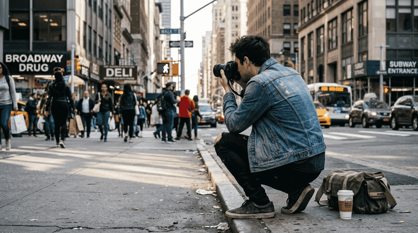 Photographer using prime lens on busy city street