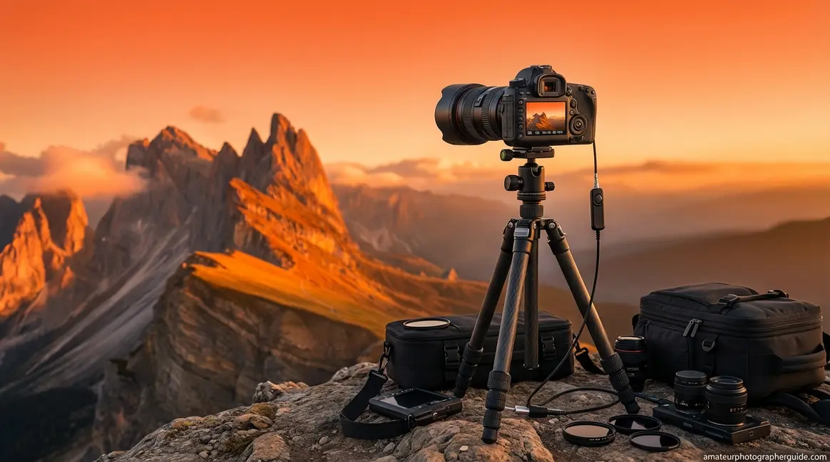 Landscape photography guide framework showing camera on tripod at golden hour