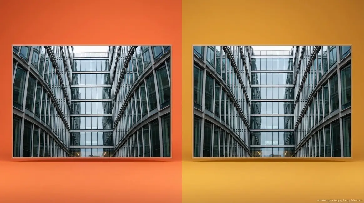 Lens distortion photography comparison showing barrel distortion versus a perfectly corrected architectural image