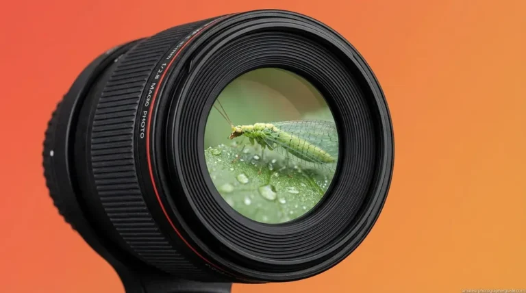 Macro photography tips for beginners showing a camera lens focusing closely on a subject