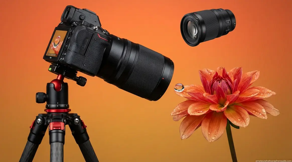 Professional macro photography tips and setup capturing a sharp water droplet on a flower.