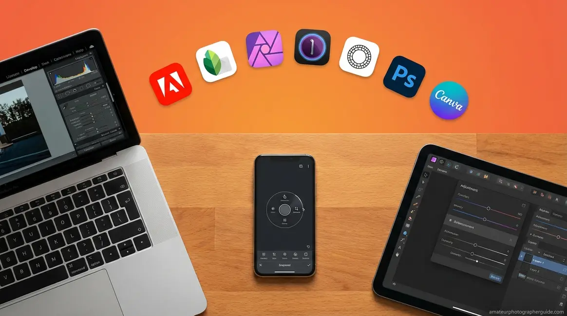 Best photo editing software for beginners shown across laptop, tablet, and smartphone screens