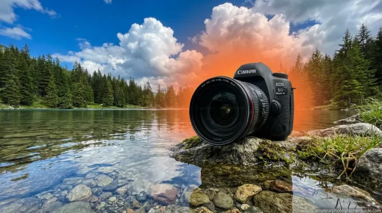 Polarising filter photography setup with CPL on DSLR camera at a lake with deep blue sky