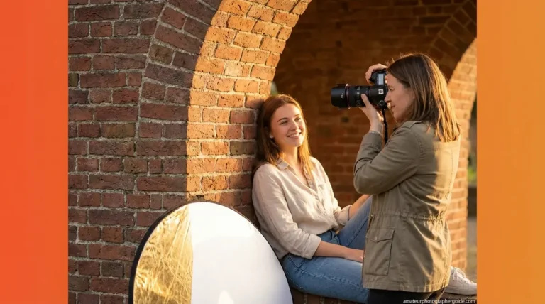 Beginner portrait photography tips showing photographer with camera using natural light