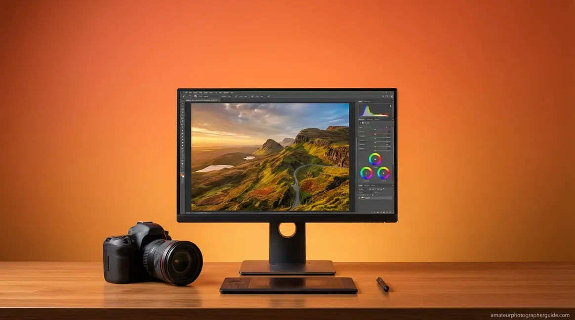 Workspace showing the role of photo editing with a monitor displaying landscape adjustments