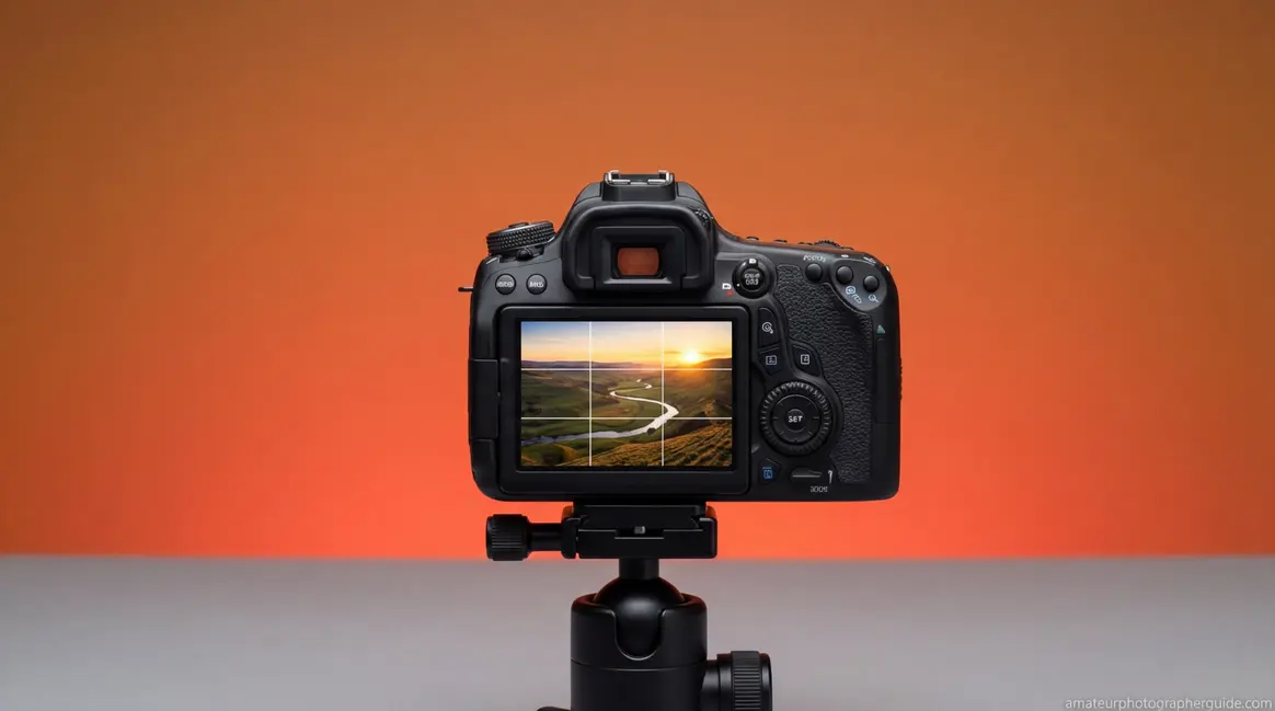 Camera viewfinder displaying a rule of thirds photography grid overlay over a beautiful landscape