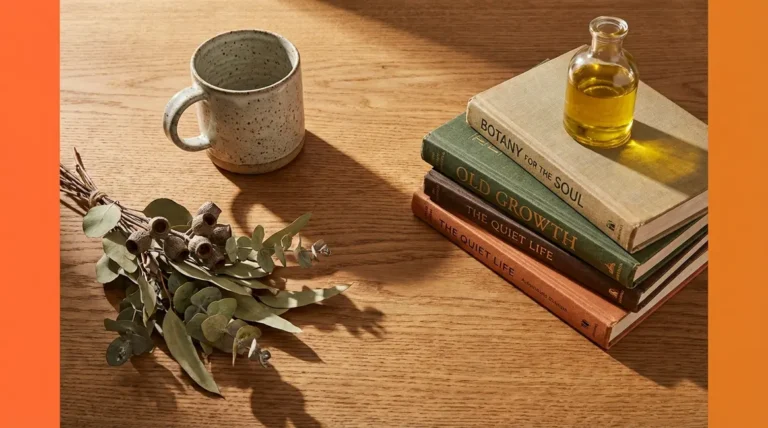 Still life photography tips setup showing ceramic mug, botanicals, and books with sidelighting on warm wood surface