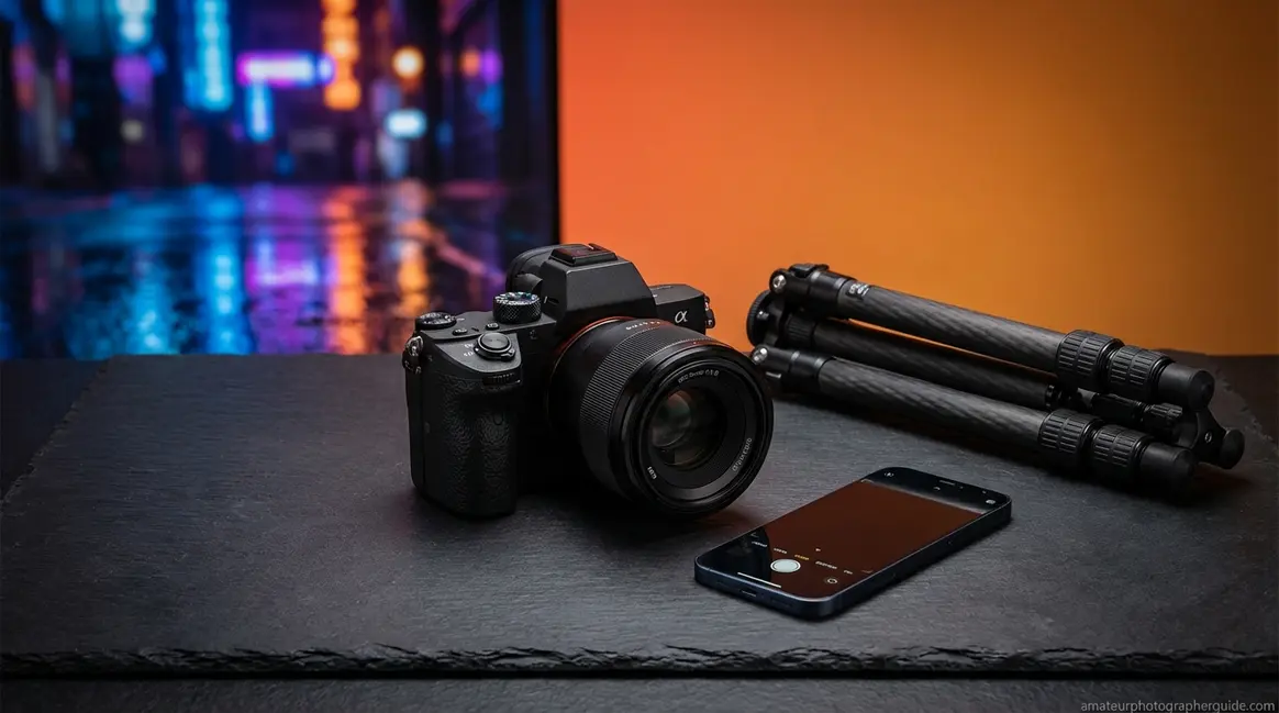 Camera gear setup for how to take photos in low light including mirrorless camera and tripod