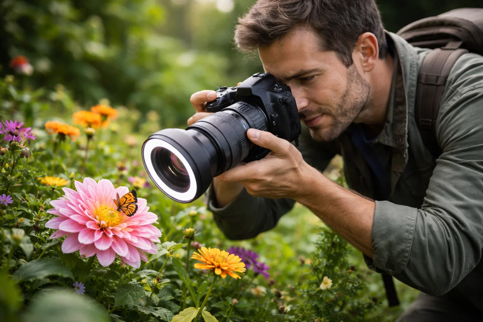 A photographer doing flower macro photography