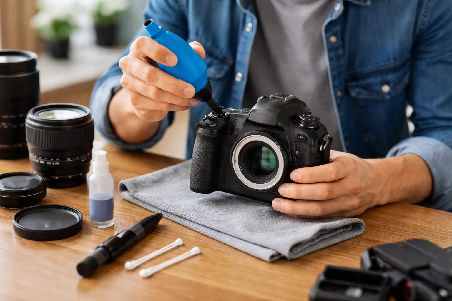 A photographer cleaning their camera 