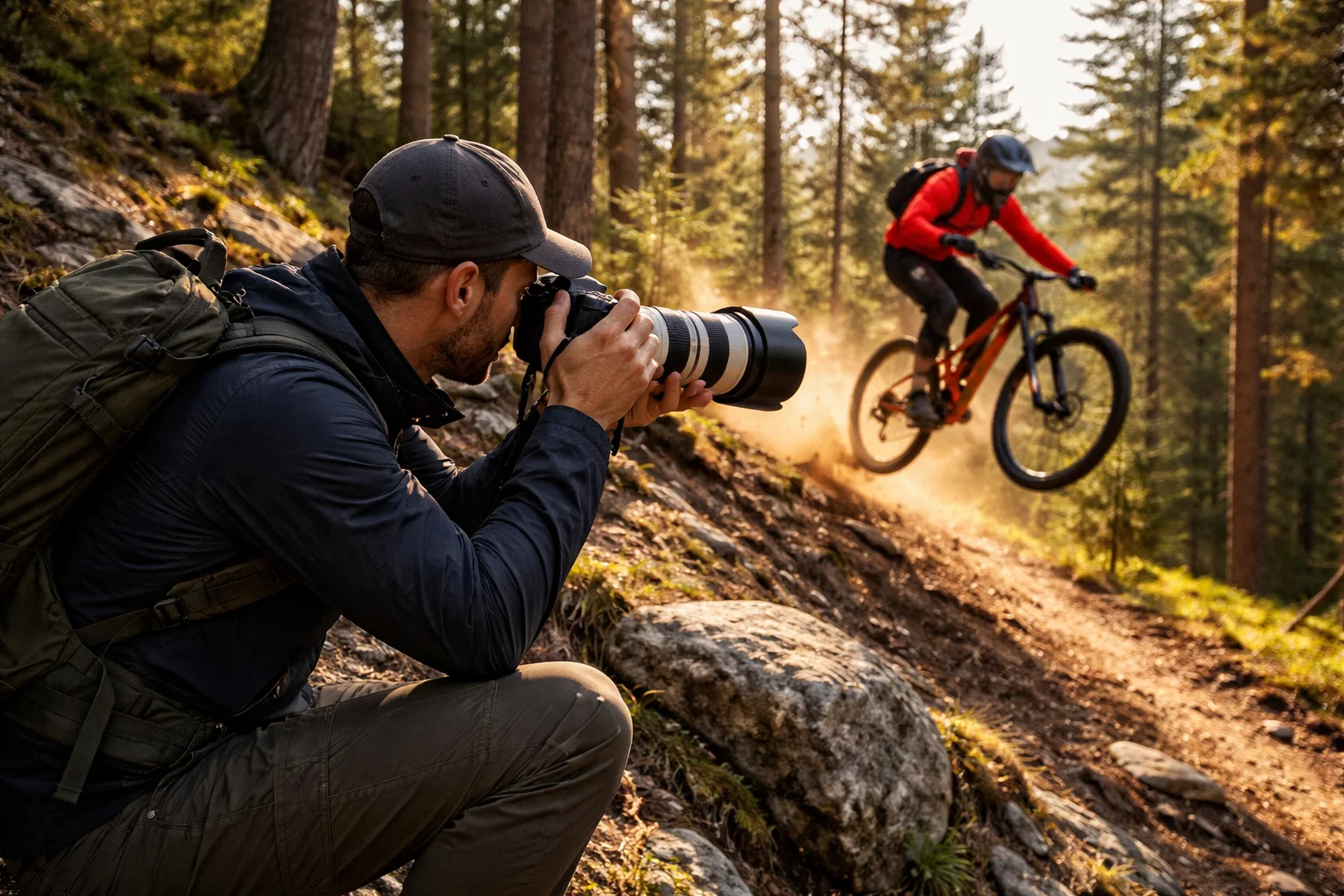 A professional photographer doing action photography