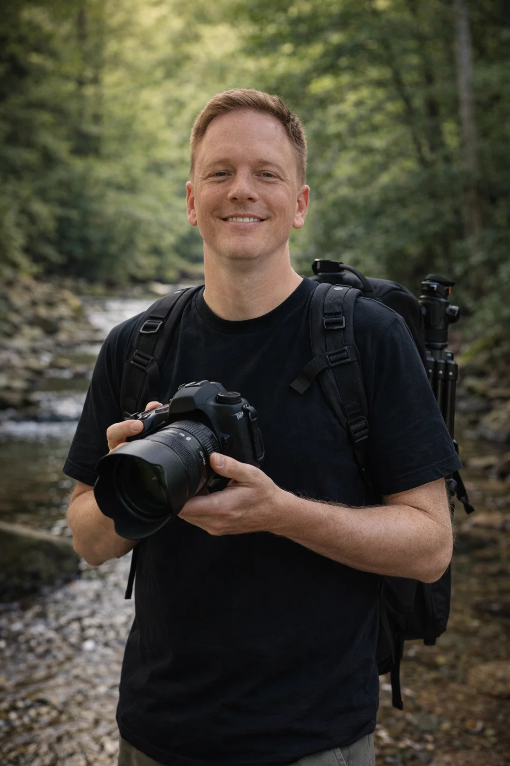 Dave King holding a camera outdoors