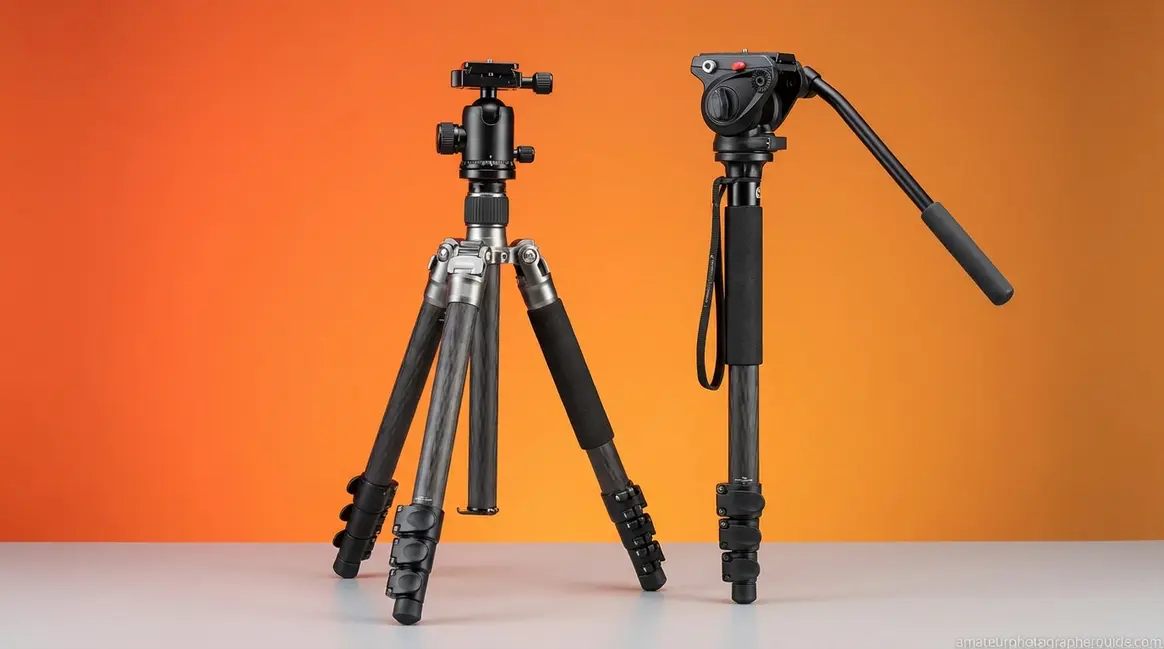 Side-by-side comparison of a carbon fiber tripod vs monopod for photography support