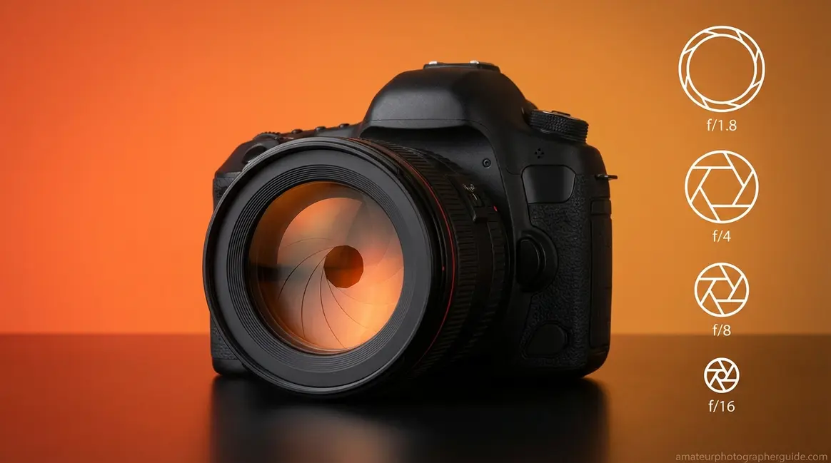 What is f-stop on a camera showing aperture iris inside lens on orange gradient background