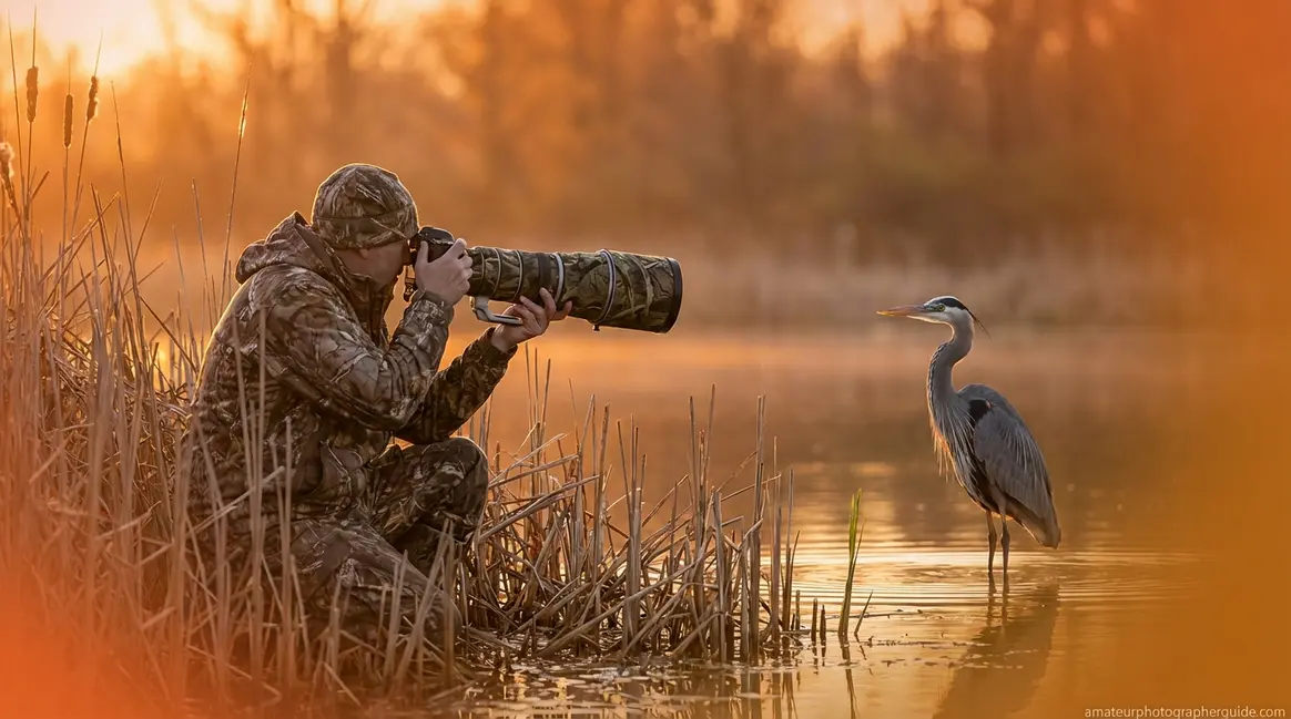 Beginner wildlife photographer crouched at pond edge capturing heron with telephoto lens at golden hour
