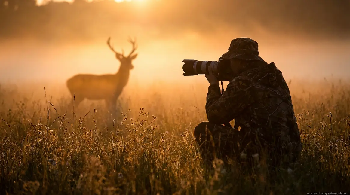 Beginner wildlife photographer crouching at eye level capturing a deer in golden-hour light