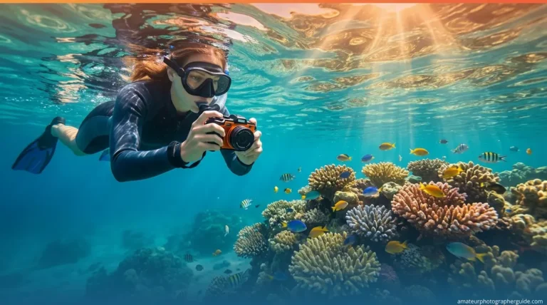 Snorkeler using the best underwater camera to photograph coral reef in clear tropical water