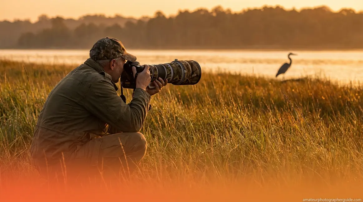 Photographer with telephoto lens capturing wildlife at golden hour in tall grass